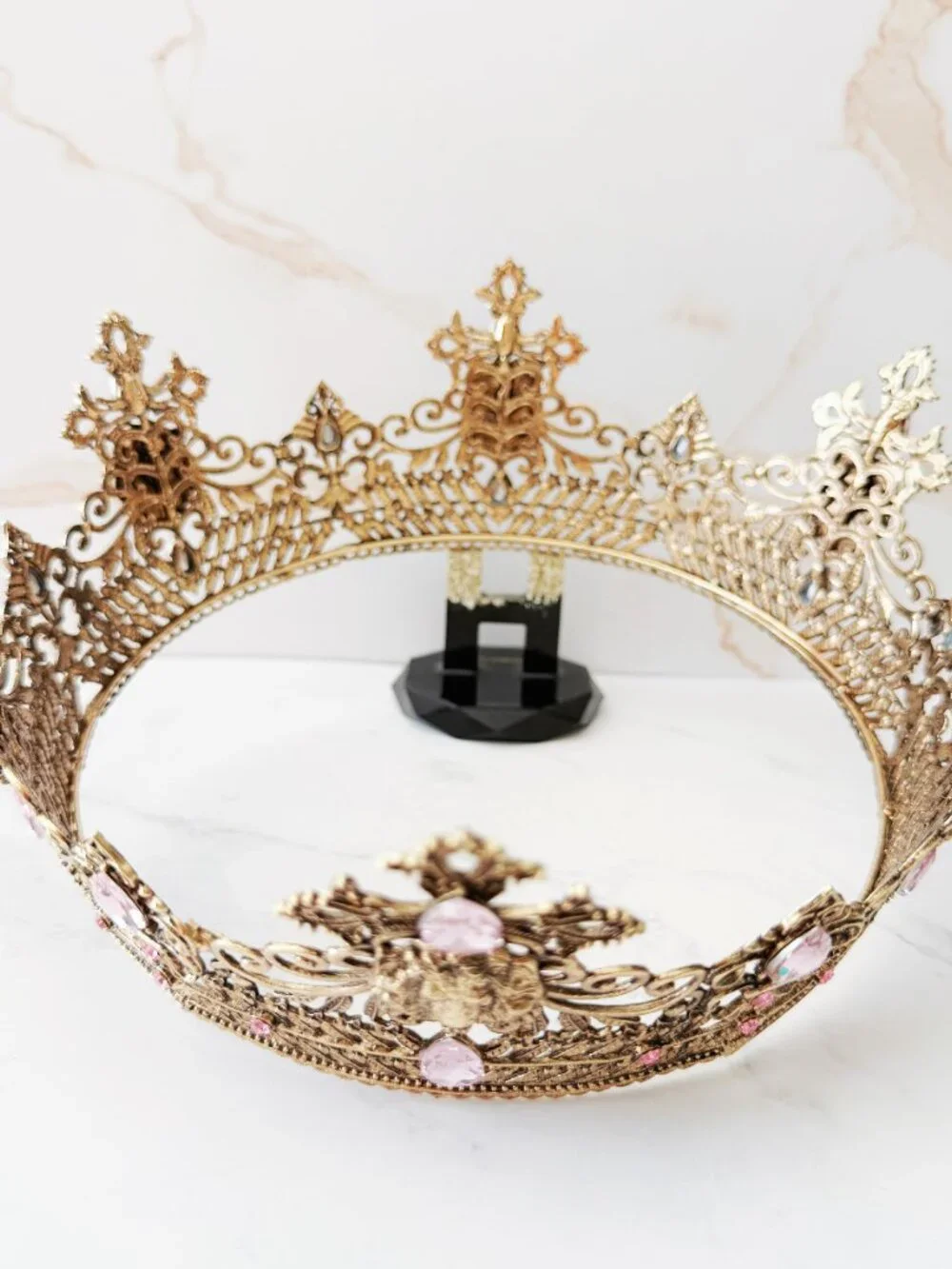 Vintage Style Gold Lion Crown with Pink Crystals, Royal King Queen Headpiece